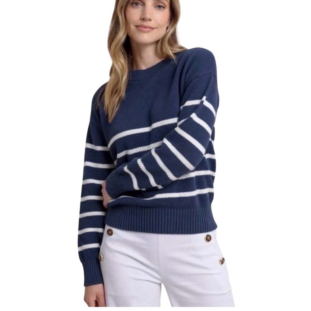 Southern Tide Navy Stripe Cotton Cashmere Mock Neck Sweater, Women's Large